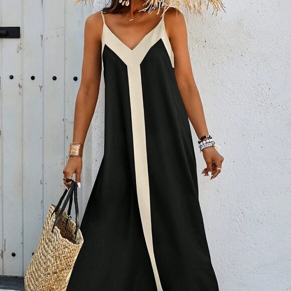 Black Casual Women's Colorblock Spaghetti Strap Dress - Picture 3 of 5